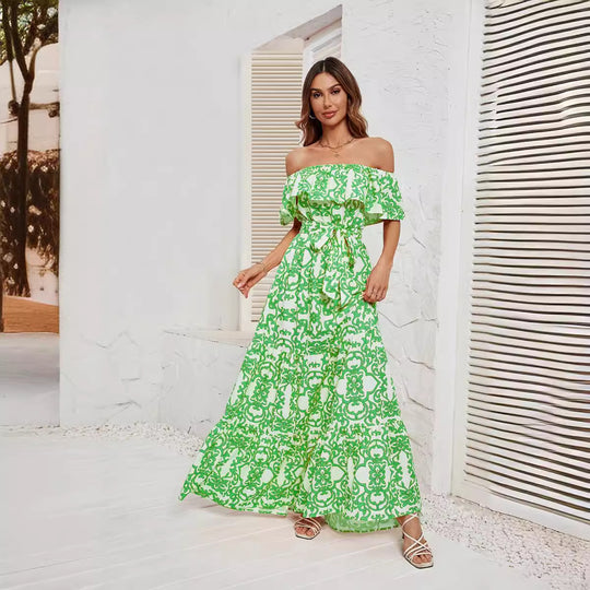 Damen Maxikleid mit schulterfreiem Design, frischem Blätterdruck und elastischer Taillierung EB