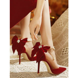 Damen elegante Pumps mit verzierter Schleife und funkelnden Akzenten EB