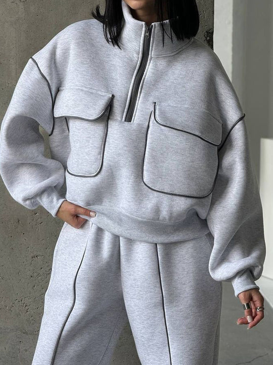 Damen nan Oversize Halbzip-Sweatshirt mit aufgesetzten Klappentaschen und Kontrastpaspeln EB