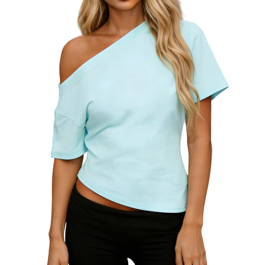 Damen asymmetrisches Oberteil mit schulterfreiem Design und kurzen Ärmeln EB