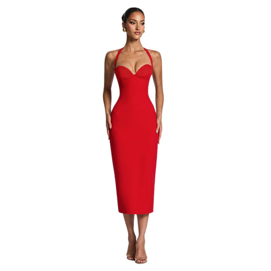 Damen Figurbetontes Midi-Kleid mit Herzausschnitt und verstellbaren Trägern EB