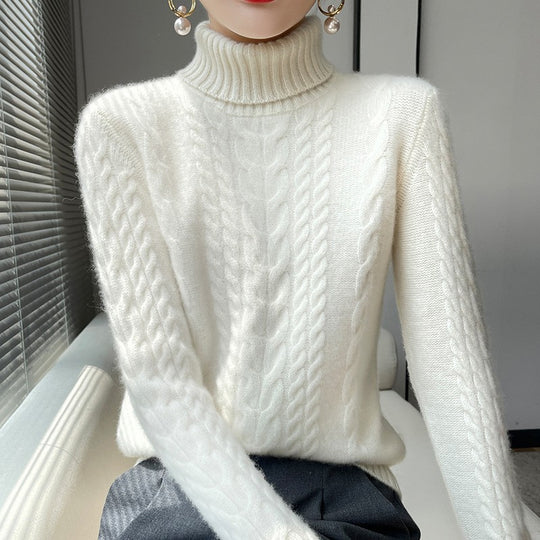Damen Grobstrickpullover mit hohem Kragen und strukturiertem Zopfmuster EB