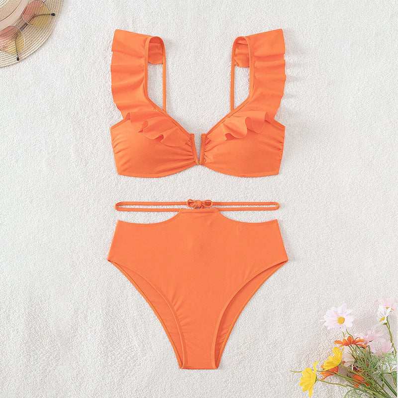 Damen Bikiniset mit voluminösen Rüschendetails und hohem Taillenschnitt EB
