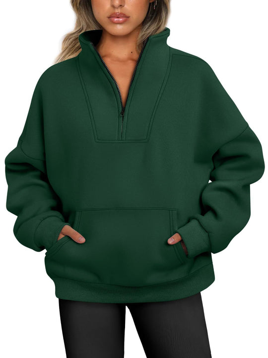 Damen nan oversized Halbzip-Hoodie mit hohem Stehkragen, Kängurutasche und gerippten Bündchen EB