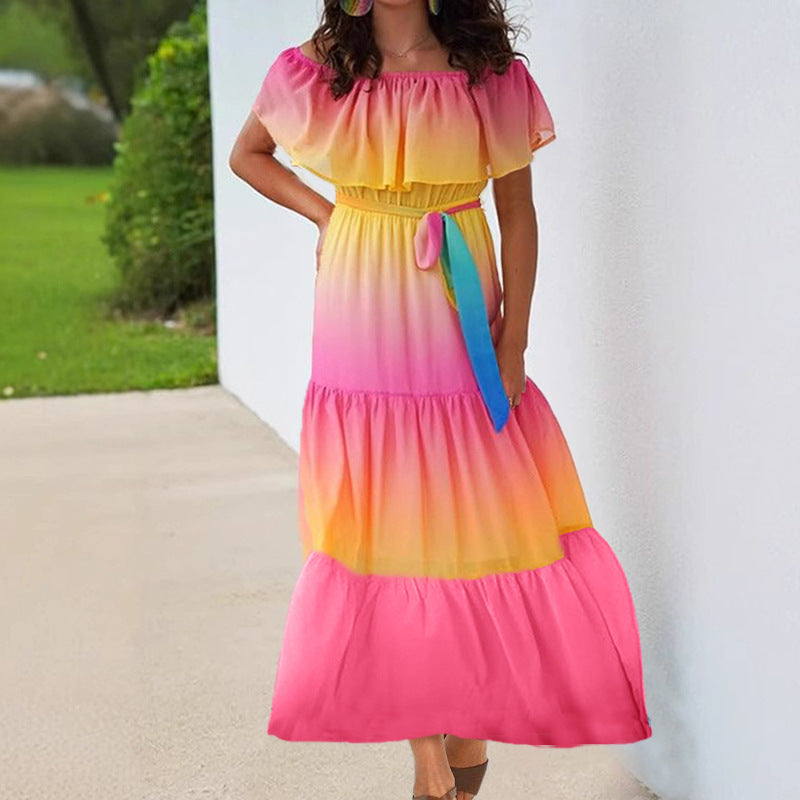 Damen Off-Shoulder Minikleid mit Farbverlauf und Taillengürtel EB