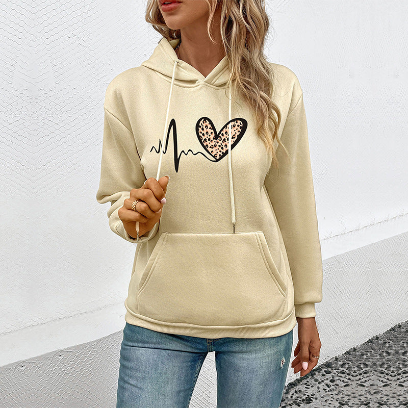 Damen Kapuzenpullover mit Herz- und EKG-Motiv EB