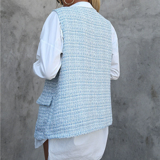 EB | Strickjacke Weste Lässige Passform Midi Länge Offene Vorderseite Karomuster
