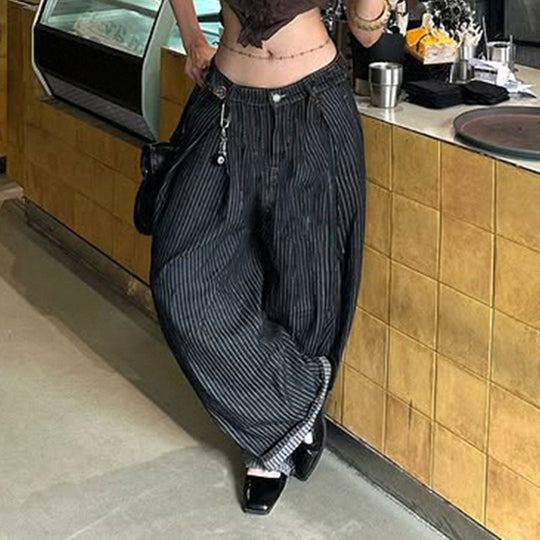 Damen Weite Hochtaillierte Streifenjeans EB
