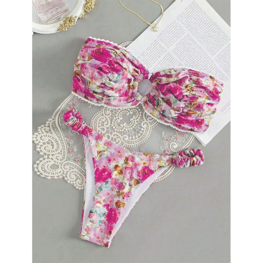Damen Bandeau-Bikini mit romantischem Rüschendesign und verführerischem Blumenmuster EB