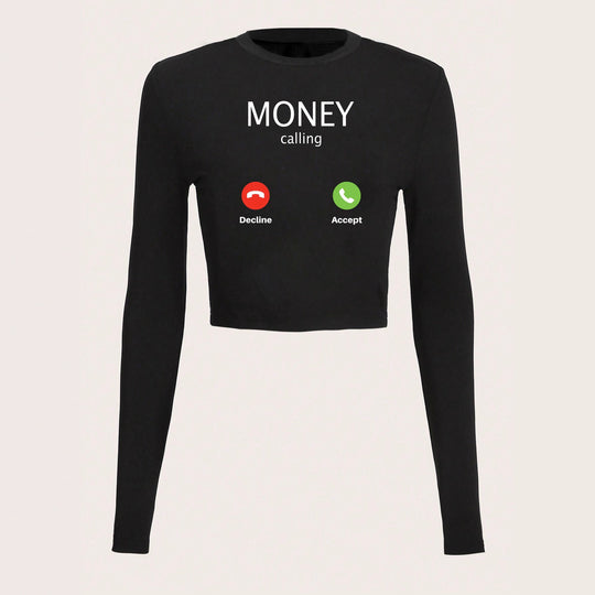 Damen nan kurzes Cropped-Longsleeve mit auffälligem Statement-Print und Call-Icon-Design EB