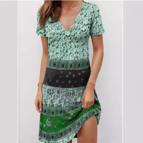 Damen Kurzarmkleid mit modischem V-Ausschnitt und kreativem Muster EB