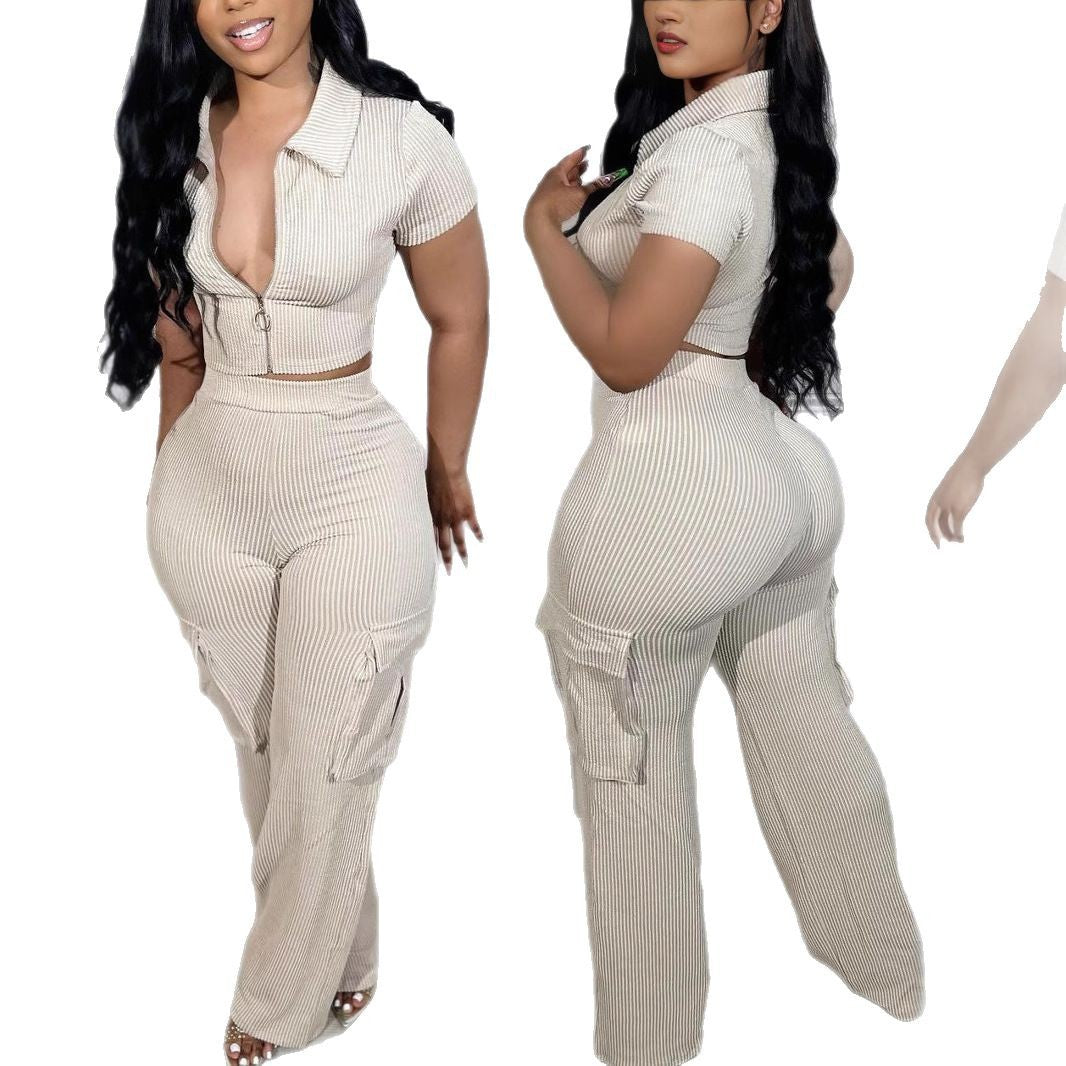 Damen Crop-Top und Flared-Hosen Set mit praktischen Taschen EB