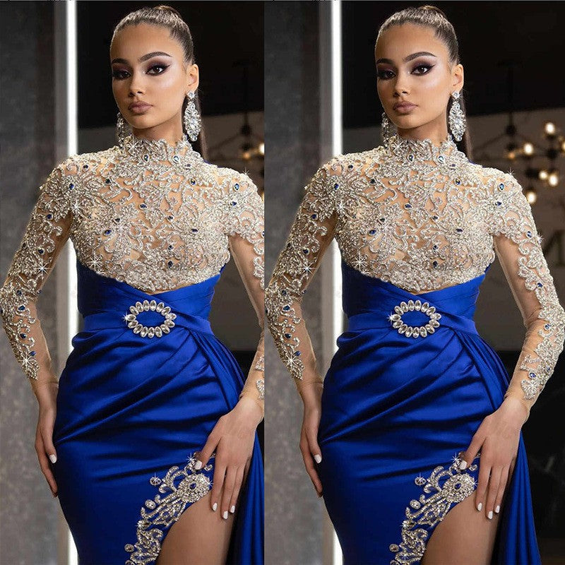 Damen Elegantes Abendkleid mit aufwendigen Spitzenapplikationen und hohem Schlitz EB