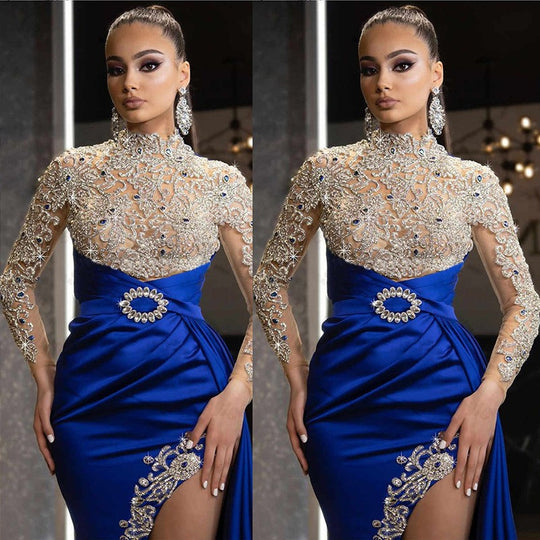 Damen Elegantes Abendkleid mit aufwendigen Spitzenapplikationen und hohem Schlitz EB