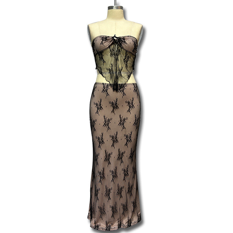 Damen Transparentes Spitzen-Maxikleid EB
