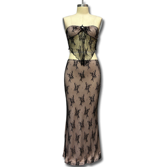 Damen Transparentes Spitzen-Maxikleid EB