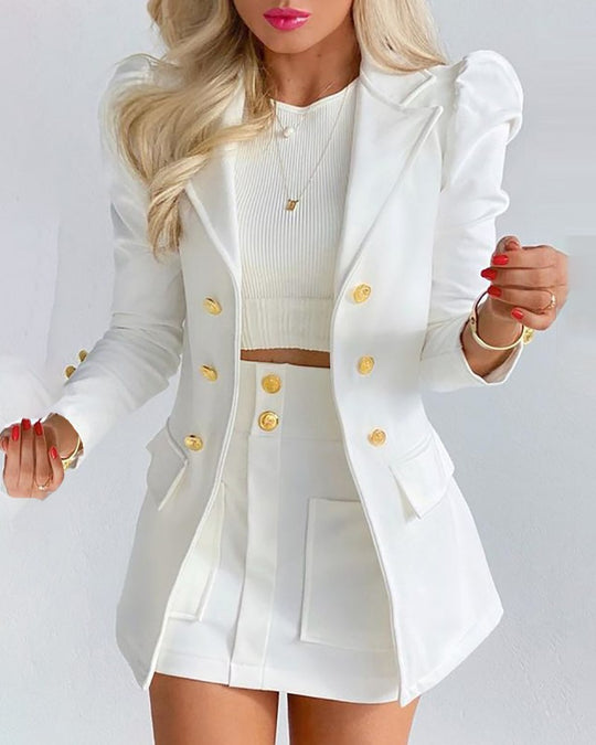 Damen Zweiteiliges karriertes Blazer- und Minirock-Set mit betonten Puffärmeln und goldenen Knöpfen EB