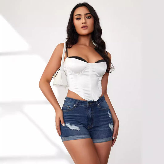 Damen Jeansshorts mit modischem Destroyed-Effekt und hohem Bund EB
