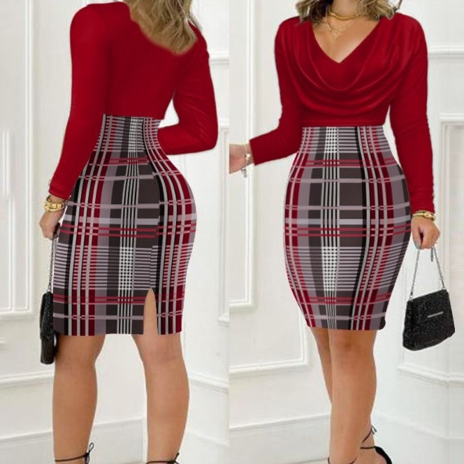 Damen Elegantes Wickelkleid mit Karomuster und tiefem V-Ausschnitt EB