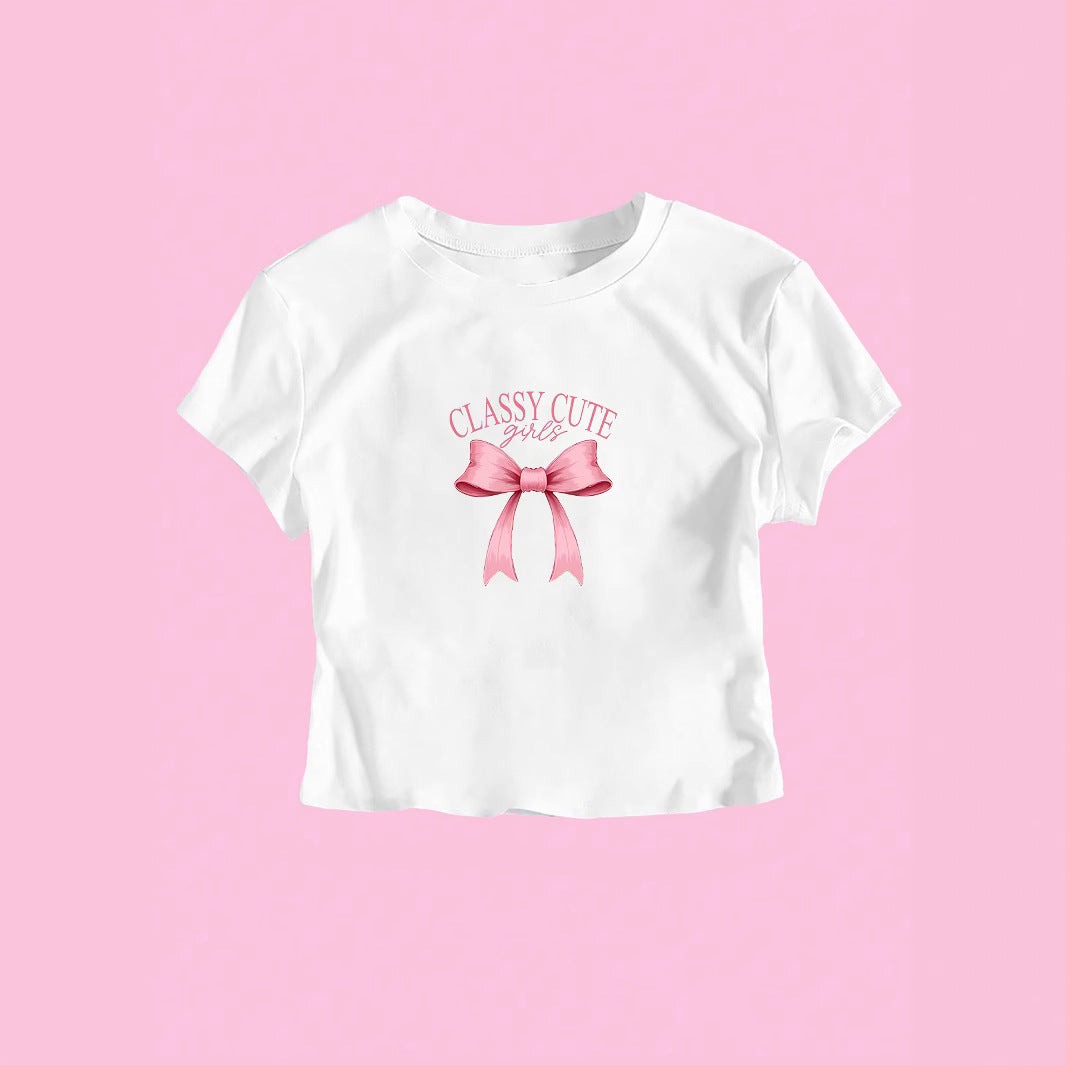 Damen Crop-T-Shirt mit raffiniertem Schleifenaufdruck EB