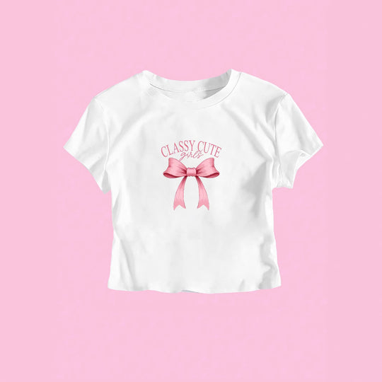 Damen Crop-T-Shirt mit raffiniertem Schleifenaufdruck EB