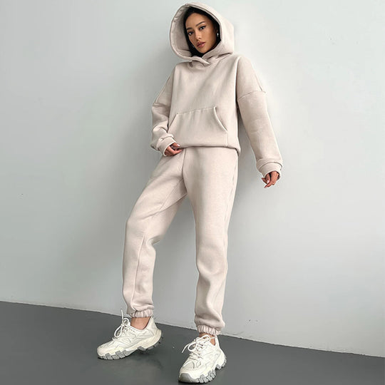 Damen nan zweiteiliges Komfort-Loungewear-Set mit oversized Kapuzenpullover, Kängurutasche und elastischem Knöchel-Jogger aus French Terry EB