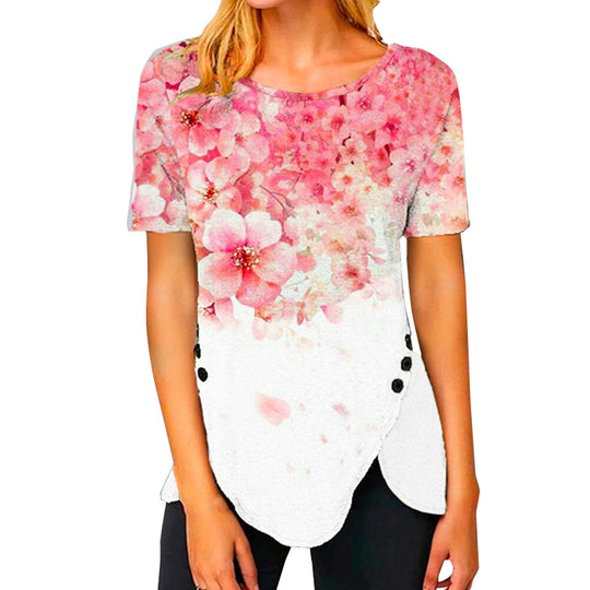 Damen lässiges T-Shirt mit dekorativem Floraldesign und asymmetrischem Saum EB