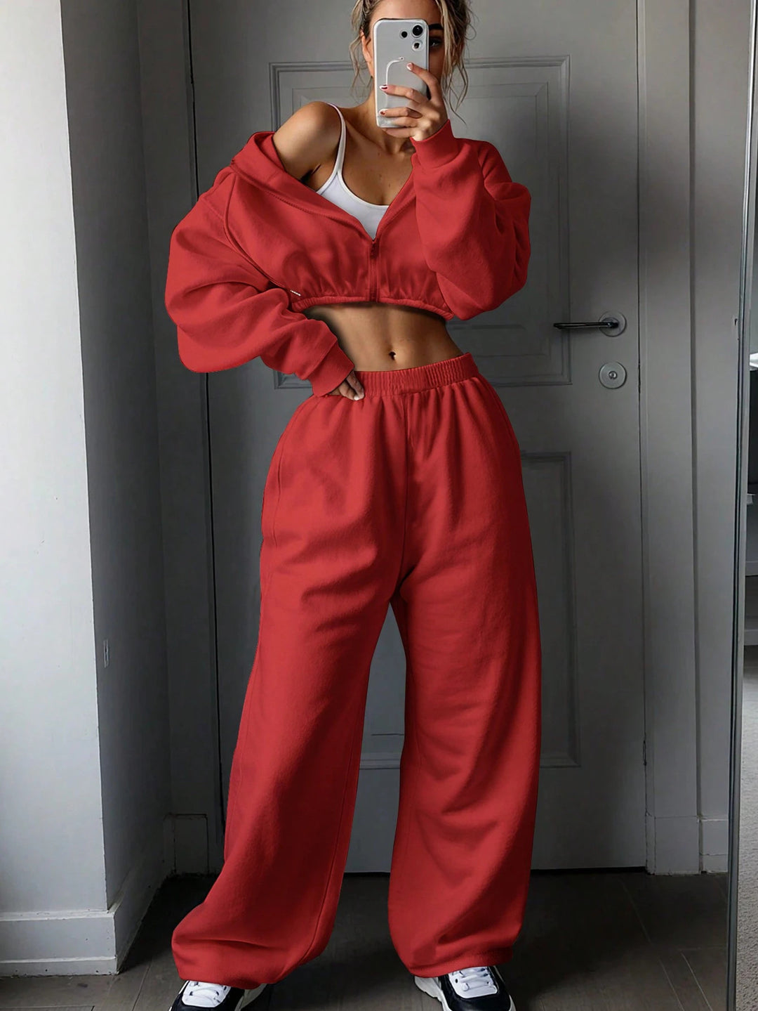 Damen nan kurzes Zip-Hoodie Cropped Sweatshirt mit Kordelzug, angesetzten Ballonärmeln und elastischem Saum EB