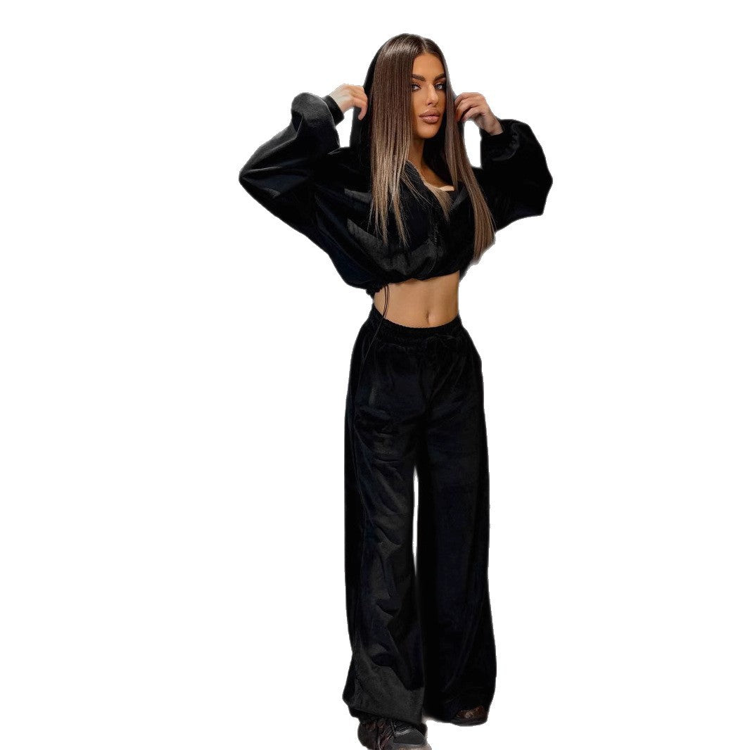 Damen luxuriöses Velours-Cropped-Hoodie und High-Waist Weite Jogginghose Set EB