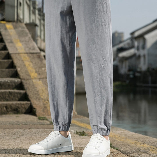 Herren nan tapered Leinen-Baumwoll-Jogger mit Kordelzug, elastischem Knöchelbündchen und schlanker Silhouette EB