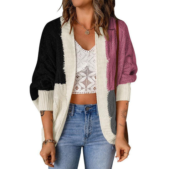 Damen Lockere Strickjacke mit modischem Farbblockdesign und tiefen Taschen EB