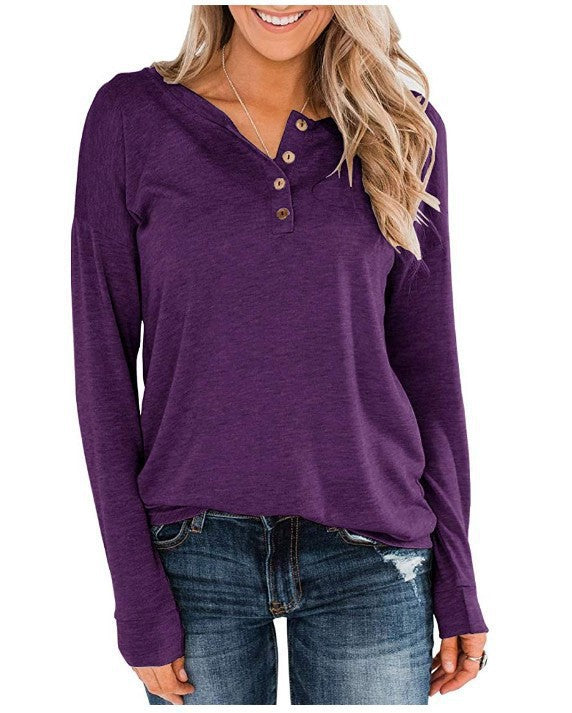 Damen modisches Langarm-Henley-Shirt mit Knopfleiste EB