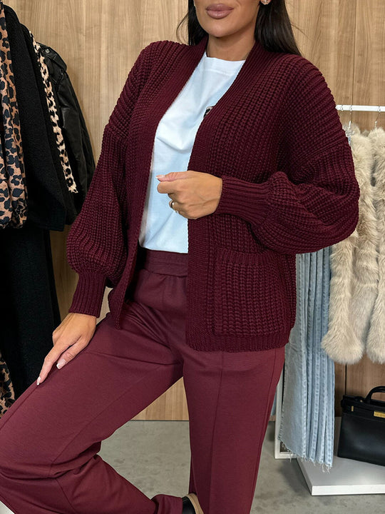 Damen Strickjacke mit strukturierter Oberfläche und voluminösen Ärmeln EB