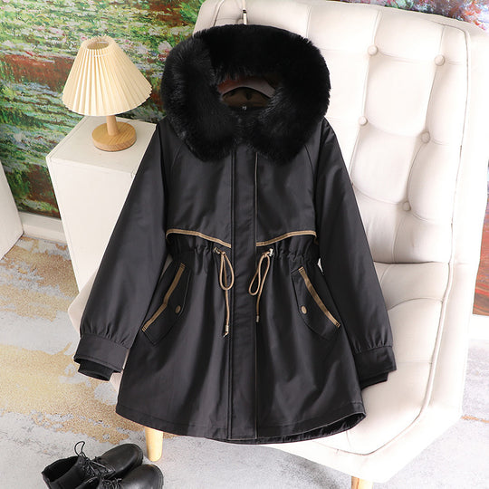 Damen modische Übergangsjacke mit abnehmbarem Kunstfellkragen und Taillenzug EB