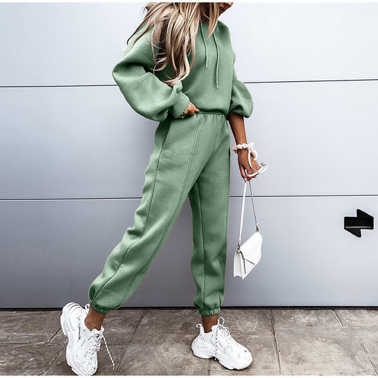 Damen kuscheliges Lounge-Zweiteiler-Set mit oversized Kapuzenpullover, Balloon-Ärmeln und taillierter Jogginghose EB