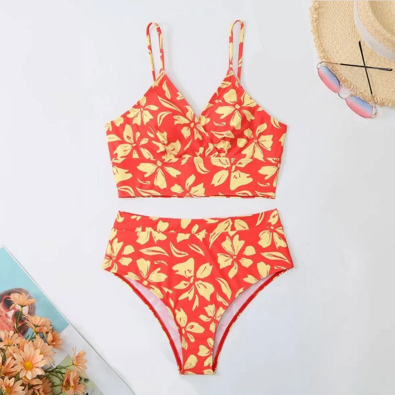 Damen Zweiteiliges Bikini-Set mit blütenförmigem Crop-Top und hoch tailliertem Höschen EB