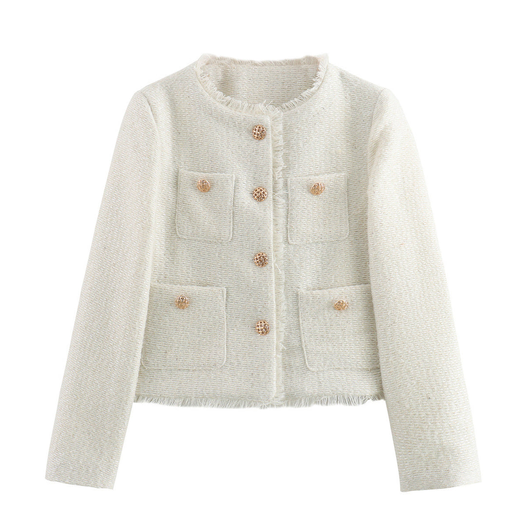 Damen elegante Tweed-Jacke mit Fransen und dekorativen Knöpfen EB