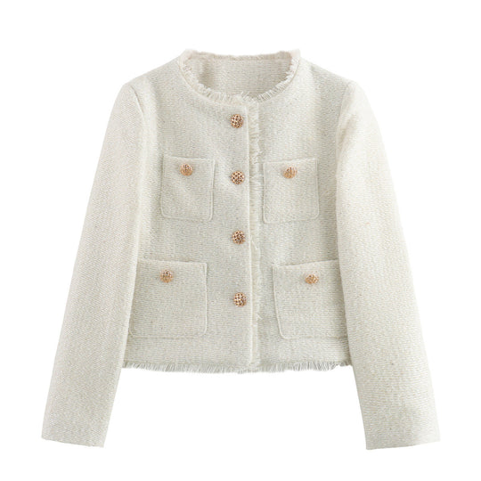 Damen elegante Tweed-Jacke mit Fransen und dekorativen Knöpfen EB