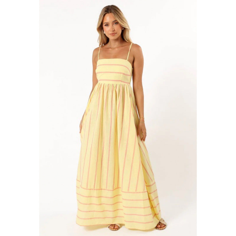 Damen Maxikleid mit feinen Streifen und elastischem Taillenbund EB