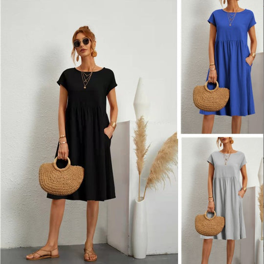 Damen Freizeitleinenkleid mit leichtem Schnitt und Taschen EB