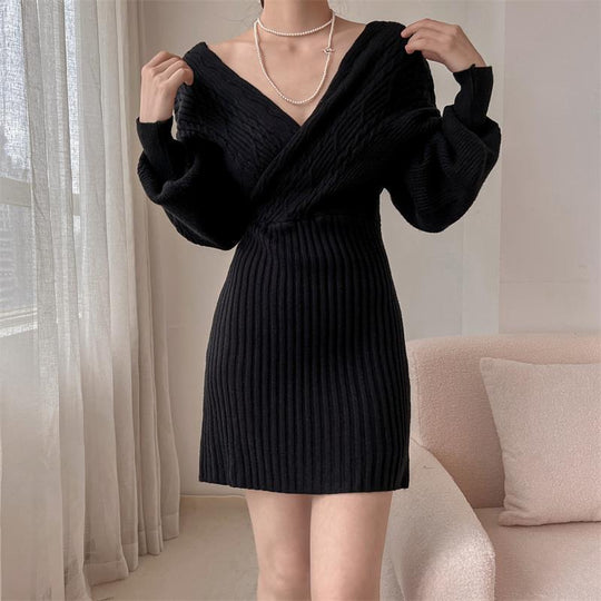 Damen Elegantes Strickkleid mit V-Ausschnitt und besonderem Rippenmuster EB