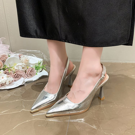 Damen elegante Slingback-Pumps mit spitzer Kappe und glänzender Oberfläche EB