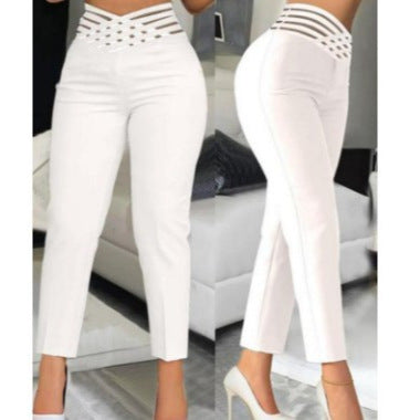 Damen stylische High-Waist Hosen mit transparentem Gitterbund EB