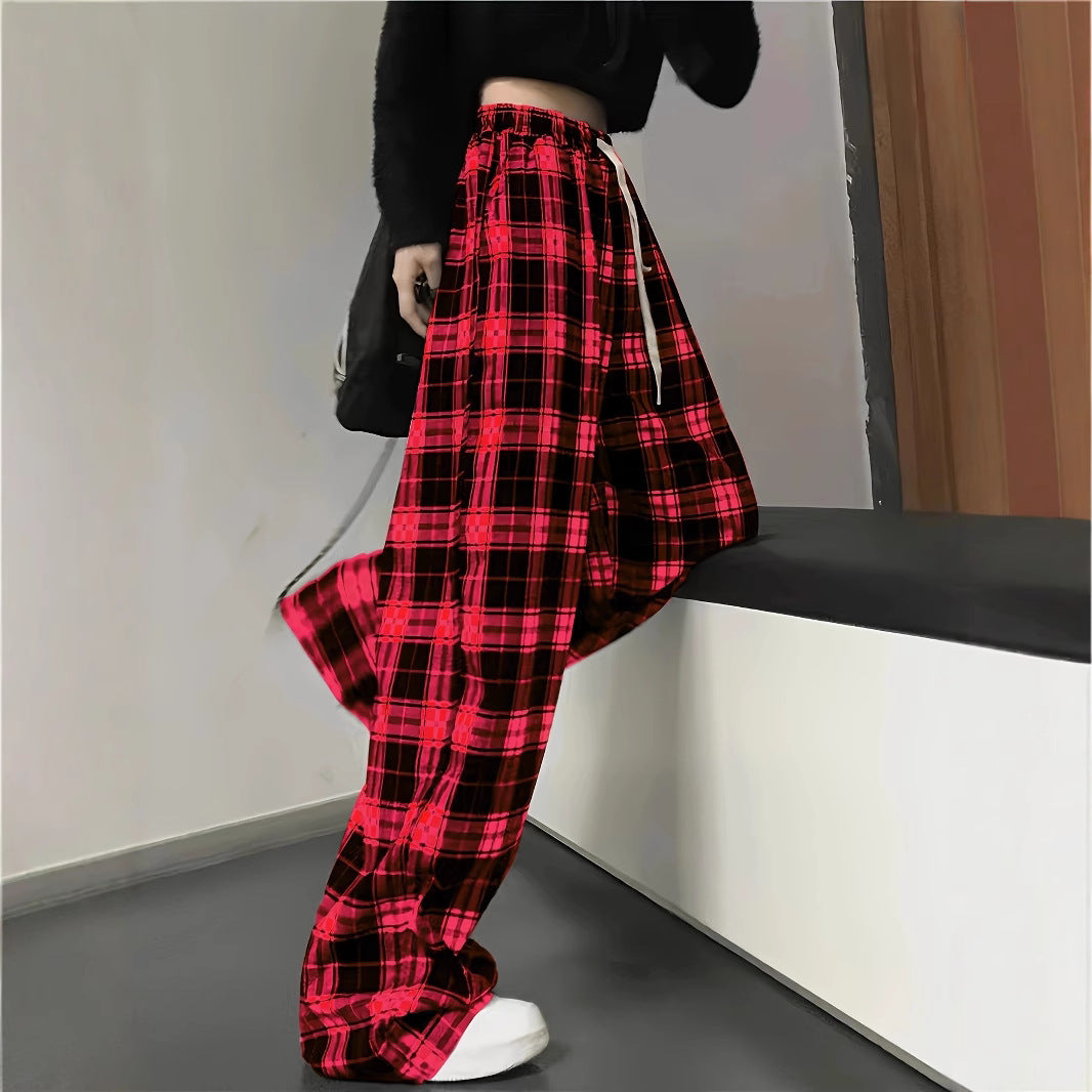 Damen Weite Karohose mit elastischem Bund und Kordelzug EB