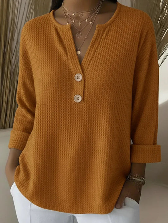 Damen nan Waffelstruktur Henley-Shirt mit V-Ausschnitt kurze Knopfleiste und krempelbaren 3/4-Ärmeln EB