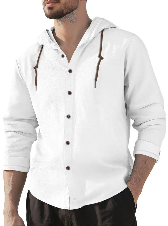 Herren nan Kapuzenhemd im Leinen-Look mit durchgehender Knopfleiste und Kordelzug EB