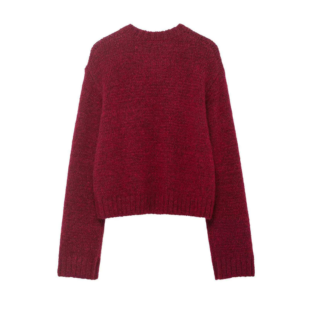 Damen nan kurzgeschnittener Grobstrick-Pullover mit Hundemotiv, Rundhalsausschnitt und elastischem Rippbund EB