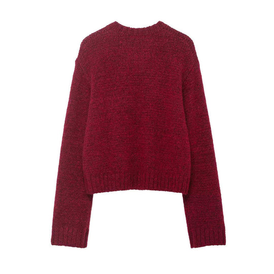 Damen nan kurzgeschnittener Grobstrick-Pullover mit Hundemotiv, Rundhalsausschnitt und elastischem Rippbund EB