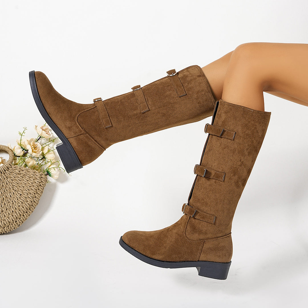 Damen Modische Stiefel mit dekorativen Schnallen und komfortablem Blockabsatz EB