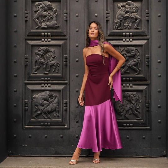 Damen Abendkleid mit asymmetrischem Schnitt und elegantem Überwurf EB